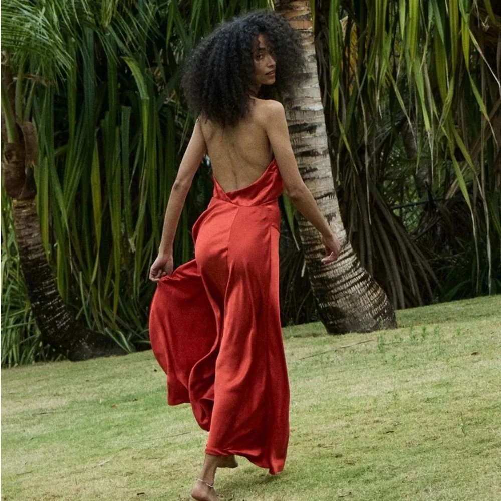 NWT Doen Lilaia Silk Rosette Rose Halter Maxi Dress Gown Fiery Coral Red - Picture 5 of 16